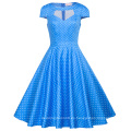 Belle Poque mujeres ahuecado vestido de manga corta azul Pequeño punto blanco vestido de algodón retro vintage BP000008-12